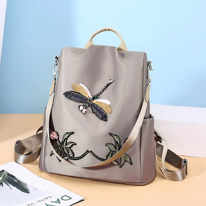 Simple Embroidery Backpack Shoulder Bags For Women Waterproof Oxford Travel Knapsack Large Capacity Student Laptop Rucksack