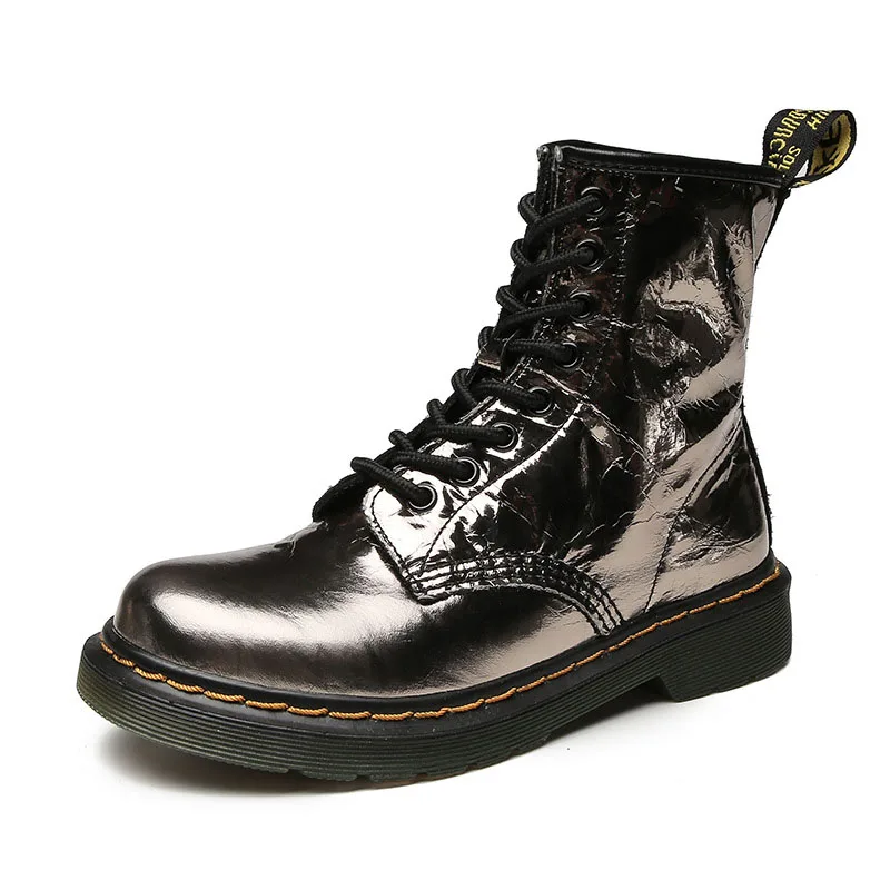 

Reflective Cowhide Martin Boots Women Leather Shoes Ankle Boots Black Woman Thick Heel Platform Motorcycle Winter Snowboots 2019