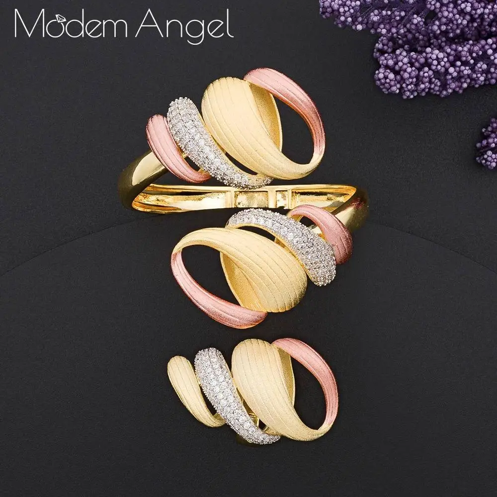 

ModemAngel Luxury Exaggeration Line 3Tone Nigeria Bangle Ring Jewelry Sets For Women Wedding Zircon Crystal CZ Indian Bridal Jew