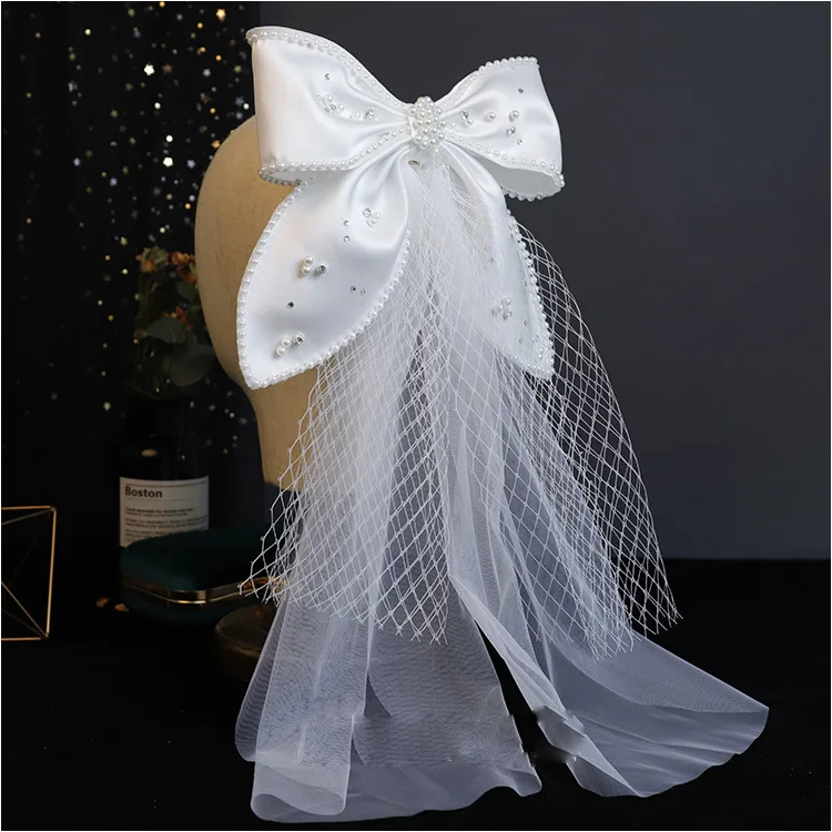 Bow veil Pearl hair clips Embellished Princess Satin Veil Bridal Headdress Romantic Wedding Hair Accessories