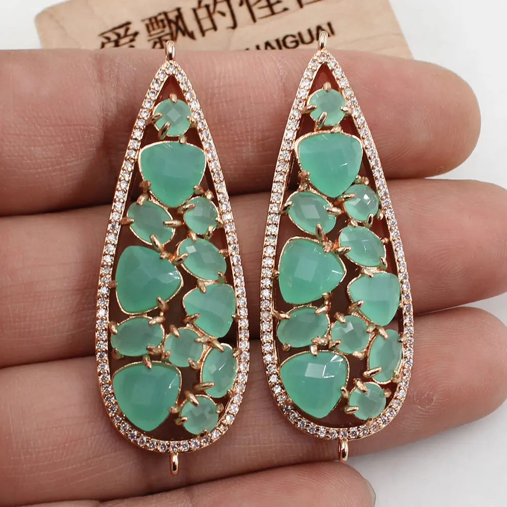 APDGG 2Pcs 19x54mm Green Jade Gold Plated Water drop Pendant Connector For Necklace Bracelet Earrings Jewelry DIY