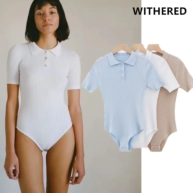 Withered ins vintage AA wind rib stretchy polo collar sexy bodysuits women combinaison femme combinaison femme bodysuits women