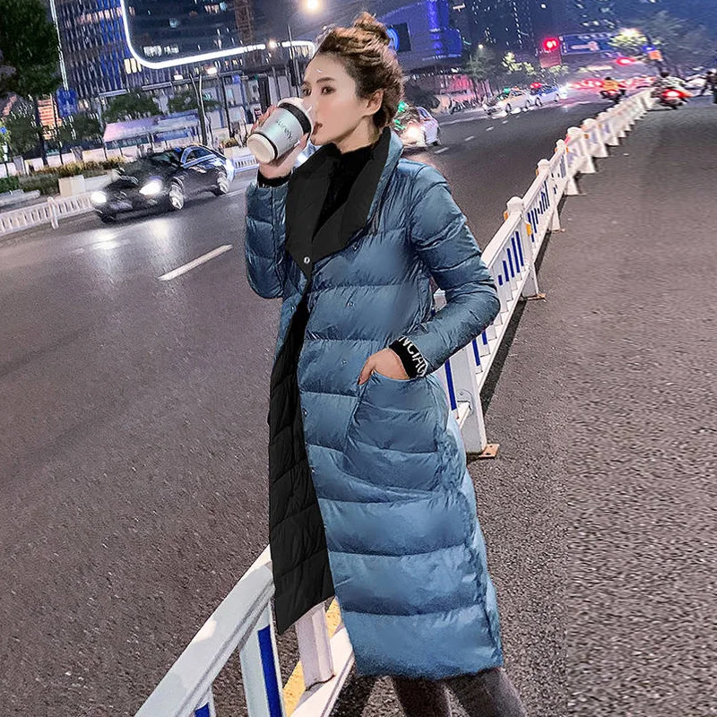 FTLZZ Женская двухсторонняя длинная куртка на 90% белом утином пуху двубортная
