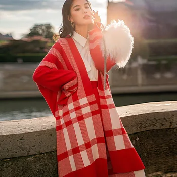 

LANMREM 2019 New Plaided V-neck Knits Cardigan White And Red Colors + Elastic High Waist Wide Legs Pants Set 19F-a14-