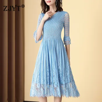 

Europe Fashion Spring Summer Dresses for Women Elegant Female Vestidos Flare Sleeve Lace Patchwork Sexy Party Dress