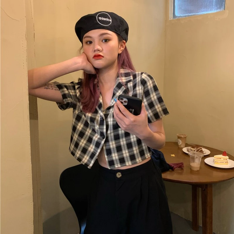 ladies white shirt Korean style crop top womens tops ladies plaid shirts women button up shirts short sleeve blouses women plaid tops kawaii women's shirts & tops