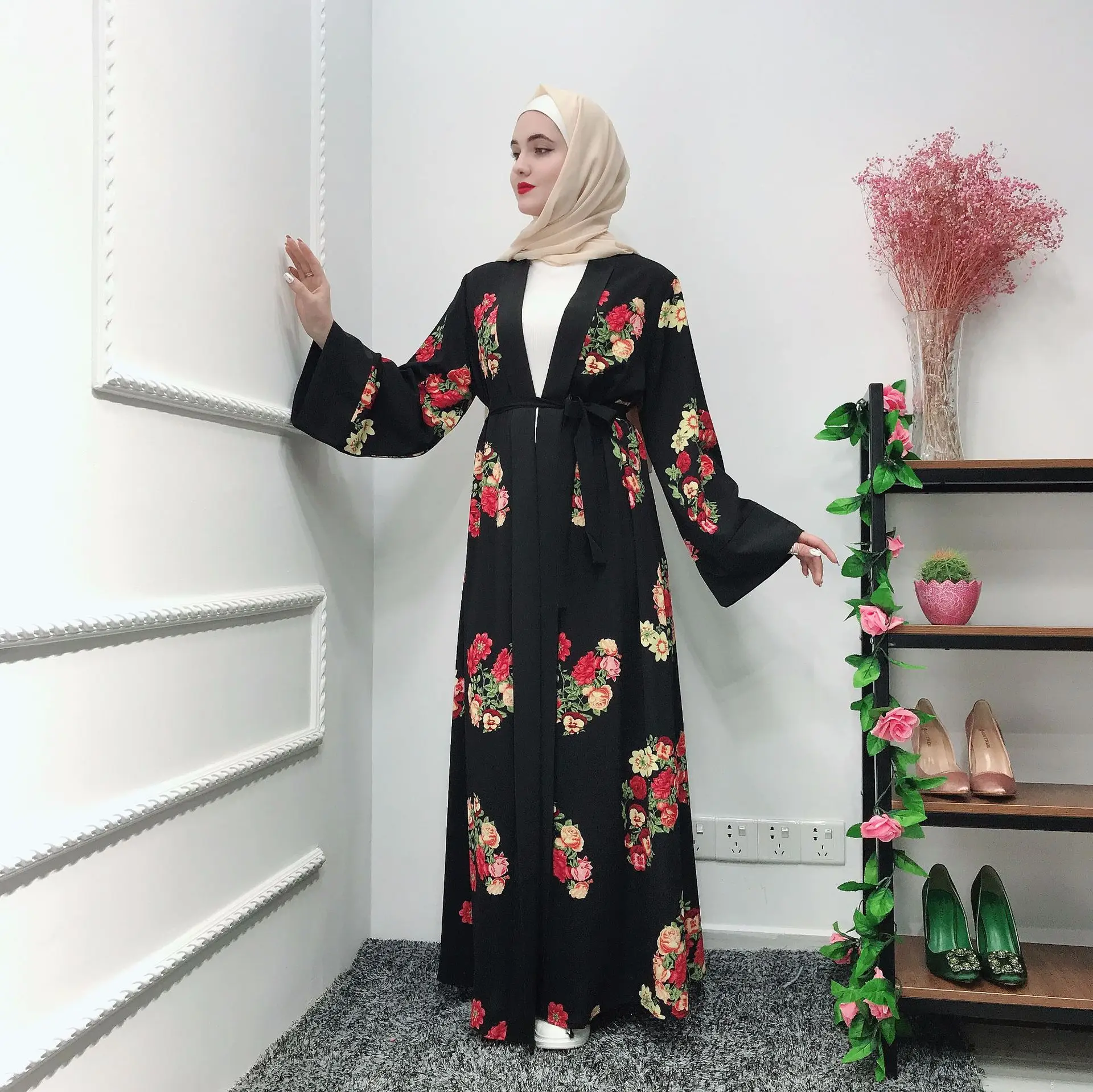 

2019 Summer Women Muslim Dubai Style Open Front Abaya Printing Long Robes Islam Cardigan Jilbab Maxi Dress