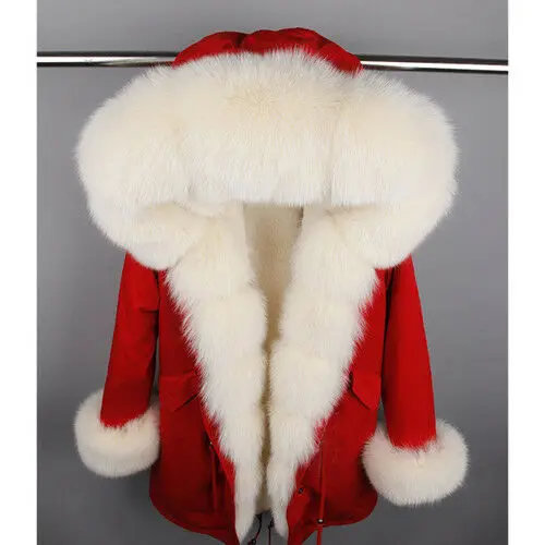 Red2 With Fur Cuff Лидер продаж Женская натуральный мех лисы парка пальто куртка с капюшоном Подкладка из кроличьего меха Рекс пальто - Цвет: Red2 With Fur Cuff
