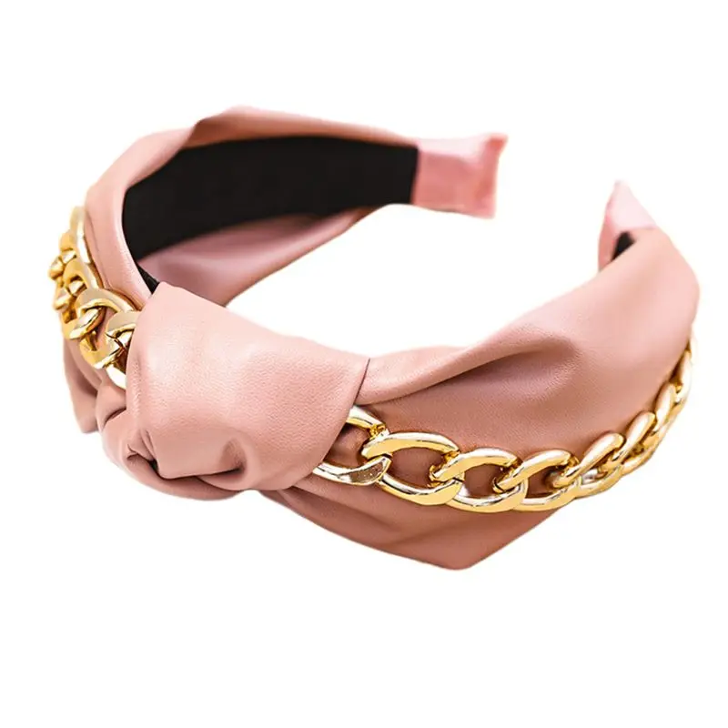 Розовый Korean Women Faux Leather Wide Headband Lady Stylish Punk Metal Chains Embellished Hair Hoop Female Casual Headwear Accessory - Цвет: Розовый