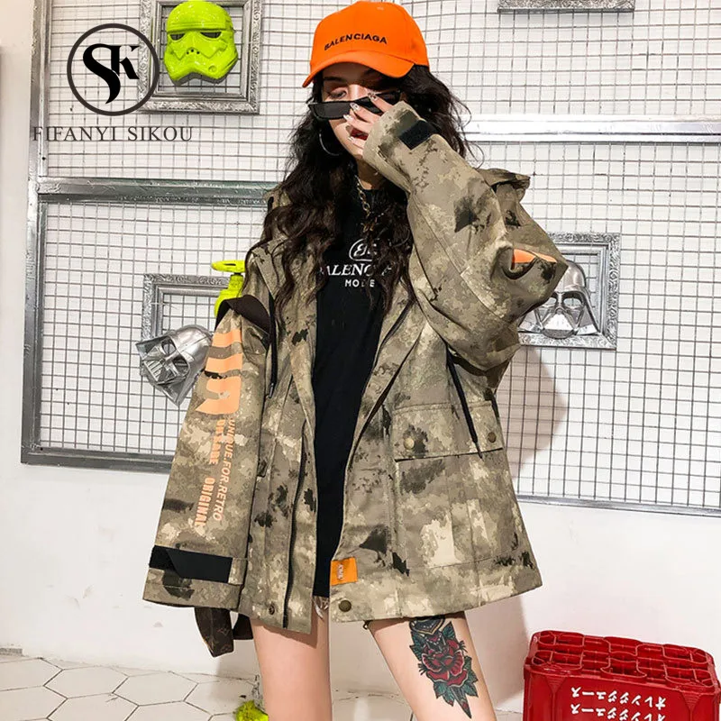 

Hip hop Camouflage Jacket Women Hooded Windbreaker Coat 2019 New Autumn Fashion Print Zipper Jackets Loose Plus size Female Tide