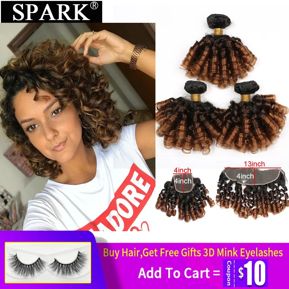 

Spark Ombre Malaysia Hair Bundles With Frontal Human Remy Hair Bouncy Curly Hair Bundles With Lace Closure Hair Weaving