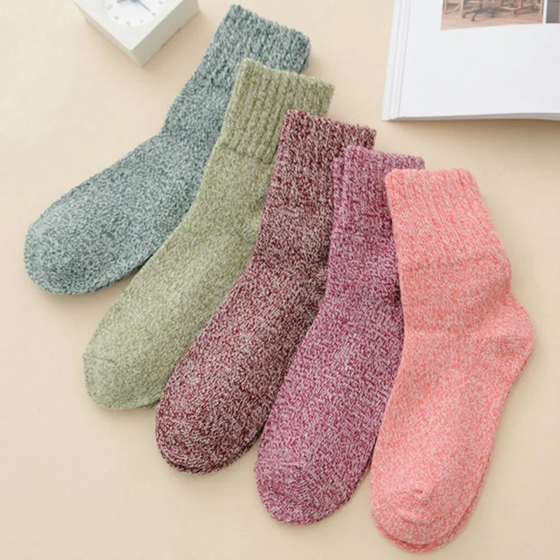 5 пар, женские шерстяные кашемировые толстые зимние носки теплые, мягкие, одноцветные, повседневные, спортивные