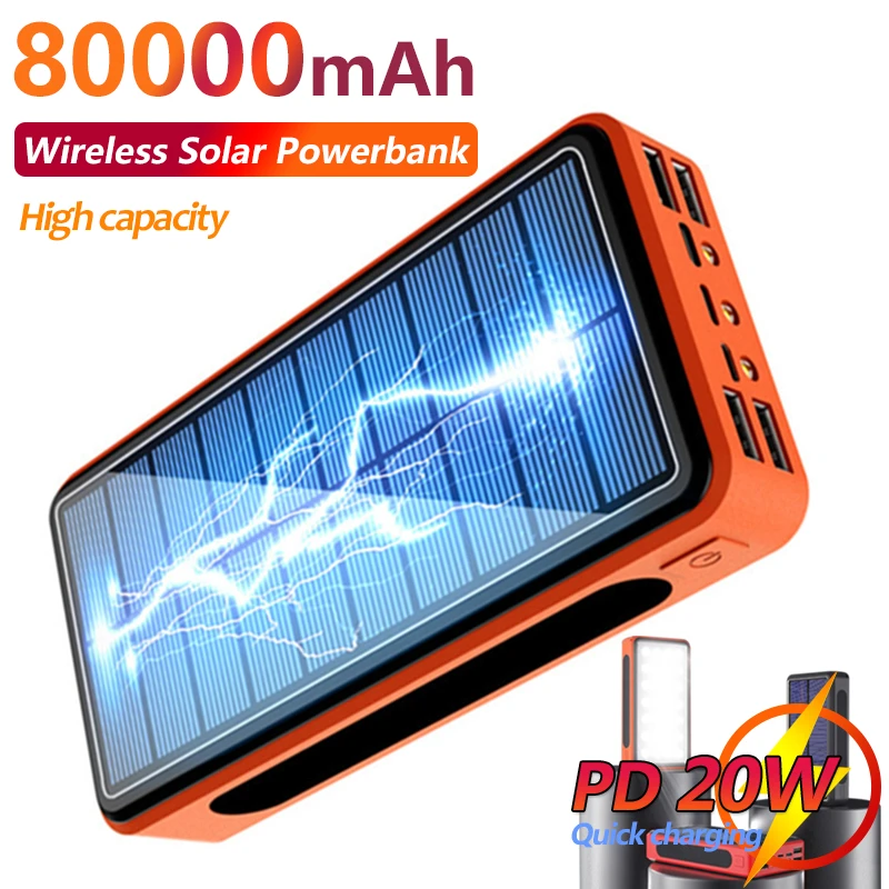 80000mAh QI Wireless Solar Power Bank Fast Charger with 4USB Outdoor LED Flashlight Portable Power Bank External Battery powerbank 30000