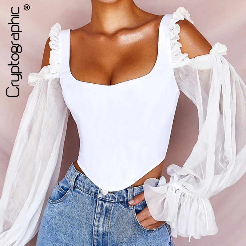

Cryptographic Elegant Women's Blouse Open Shoulders Ruffle Lace Long Sleeve Cropped Tops Fashion Fall 2019 Backless White Shirts