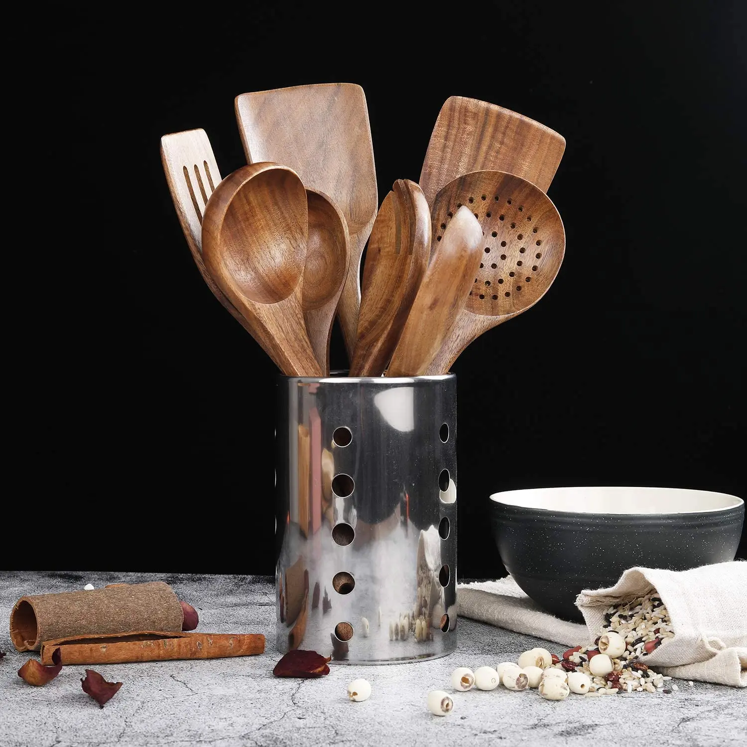 Wooden Spoons for Cooking Nonstick Kitchen Spoons Cooking Utensil Set Non Scratch Natural Teak Wooden Kitchen Tools