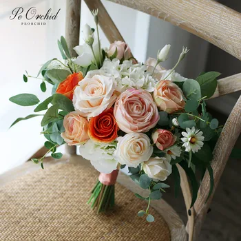 

PEORCHID 2020 Autumn Orange Champagne Wedding Bouquet Rose Trouw Boeket Charm Artificiel Bridal Hand flower Bouquet Decoracion