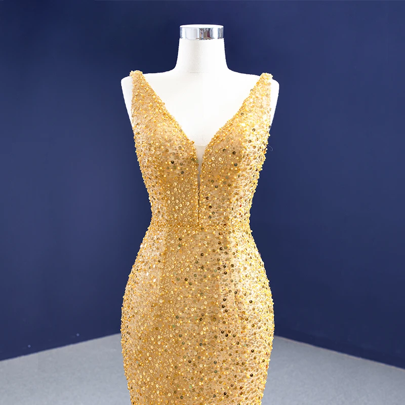 RSM67290 Gold Beaded Evening Dress V-neck 2021 Backless Fishtail Frill Lace Long Dress Party Banquet Robe платье на выпускной 5