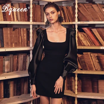 

Bqueen 2019 New Fashion Mesh Long Puff Sleeve Bodycon Square Collar Women Party Vestidos Sexy Mini Dress