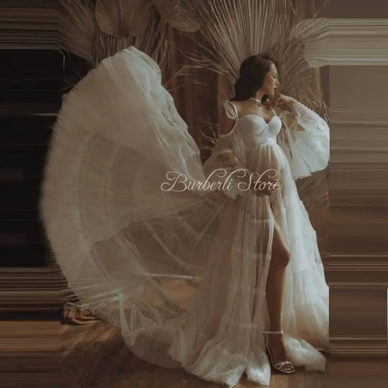 

New Fashion Pleats Tulle Long Robe Maternity Dress With Flare Sleeves Sexy See Thru Soft Mesh Pregnancy Gowns Lace Up Back