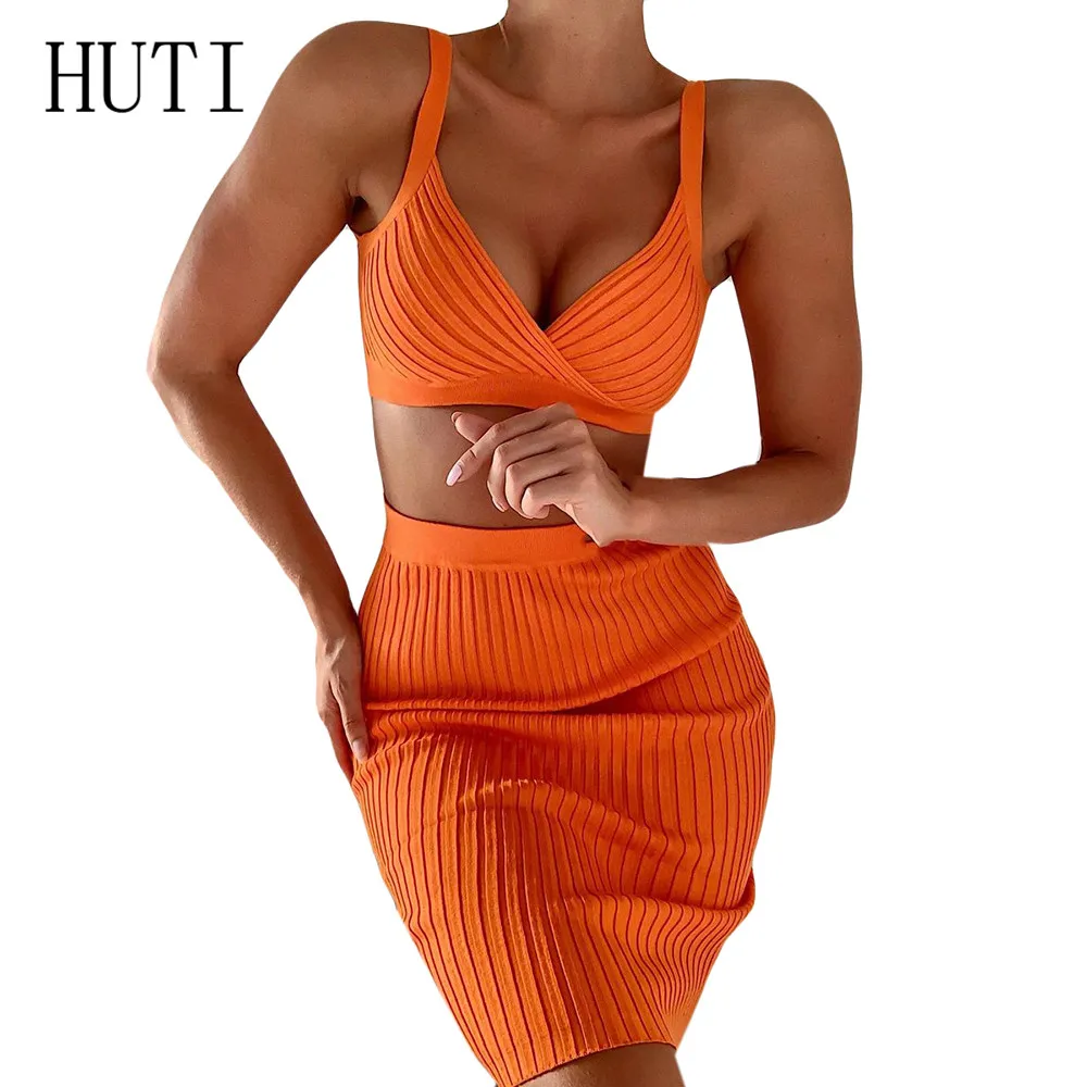 

HUTI Explosion Sexy Deep V Neck Sleeveless Umbilical Mini Dress Summer Two Pieces Sets Spaghetti Strap Hollow Out Bodycon Dress