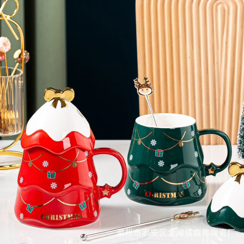 400Ml Cartoon Christmas Tree Coffee Mug Ceramic Cup+Lid+Stainless Steel Spoon