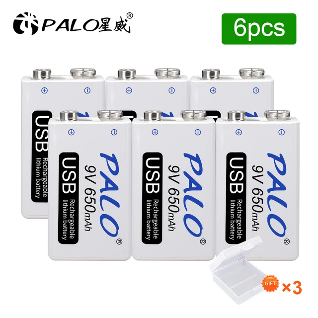 Rechargeable 9V Battery 650mAh Micro USB 9 Volt 6F22 Lithium Crown 9v Batteries for Multimeter KTV Microphone Metal Detector 6pcs