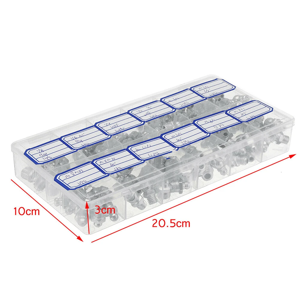 130 шт. гидравлические смазочные ниппели метрический Империал M6 M8 M10 BSP UNF 45 ° 90 ° 180 ° оцинкованый метал ассорти с крышкой сопла коробки