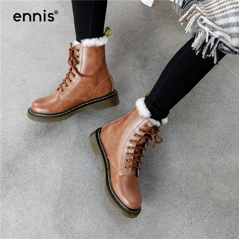 ENNIS/модные зимние ботинки; женские ботинки из натуральной кожи; Ботинки Martin на шнуровке; шерстяные ботинки; Теплая обувь из плюша на плоской подошве; Сезон Зима; Новинка; A9321