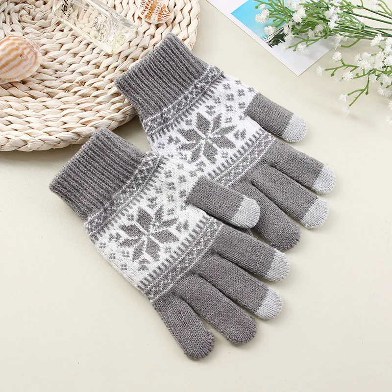 Creative Fashion Snowflake Printing Gloves Mobile Phone Touch Screen Knitted Gloves Winter Thick & Warm Adult Gloves Men Women