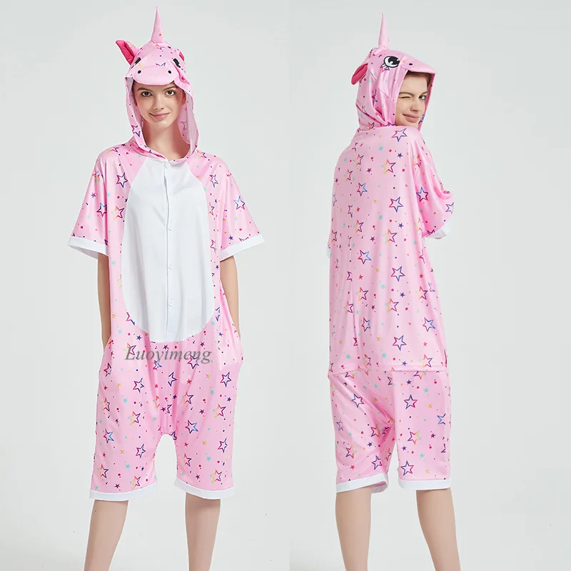 Summer Cartoon Kigurumi Pajamas Animal Pyjamas Women Unicorn Onesies For Adults Sleepwear Jumpsuit Hooded Cat Fox Panda Pijamas