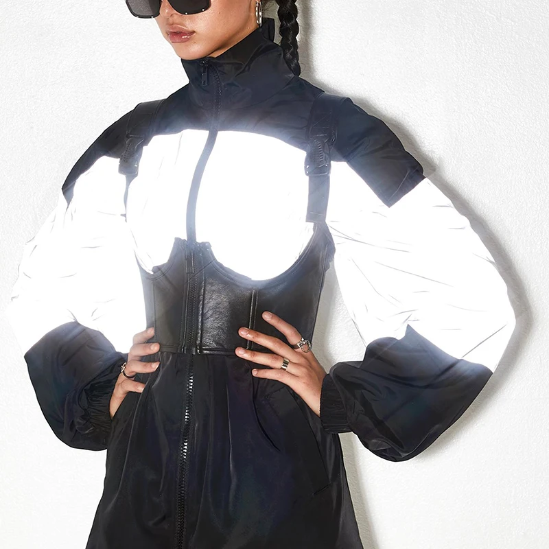 WannaThis водолазка комбинированная верхняя одежда светоотражающее Яркое пальто на молнии Женская осенне-зимняя модная уличная Клубная Свободная куртка Серый