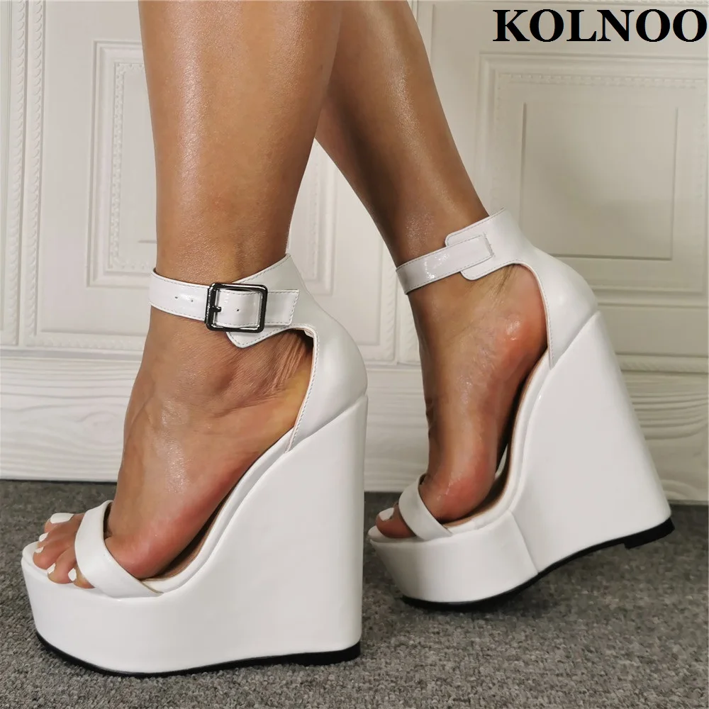 

Kolnoo New Real Photos Women Wedges Heel Sandals Buckle Strap Open-toe Summer Platform Evening Party Prom Fashion White Shoes