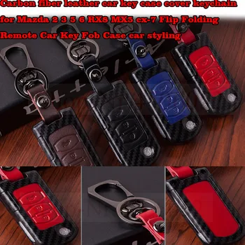 

Carbon fiber leather car key case cover keychain for Mazda 2 3 5 6 RX8 MX5 cx-7 Flip Folding Remote Car Key Fob Case car styling