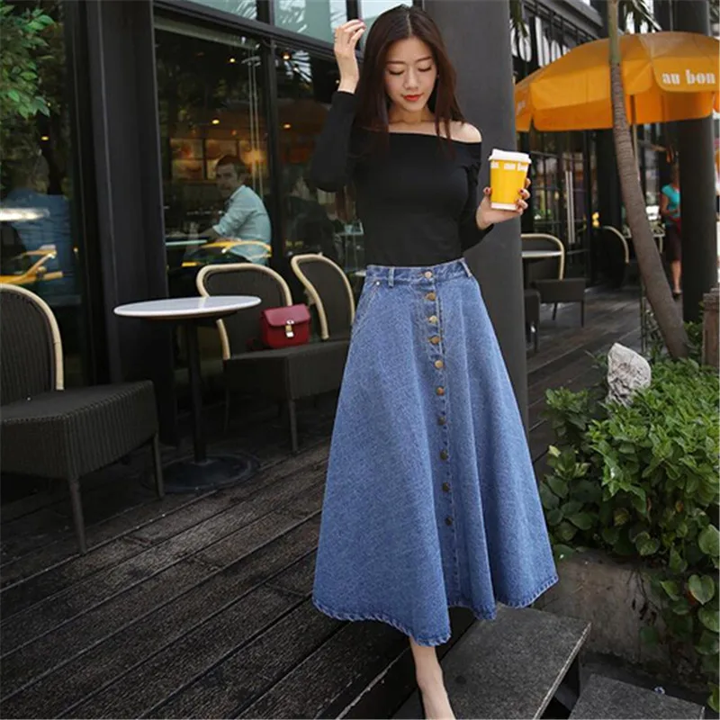 light blue Модная зимняя длинная юбка, Женская Повседневная джинсовая юбка, женская одежда, студенческий стиль, высокая талия, трапециевидная, с зонтиком, макси юбка C1375 - Цвет: light blue