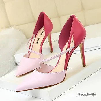 

9.5 CM PUMPS Sweet high-heeled women's high-heeled shallow mouth pointed color-matching hollow word with thin single shoes