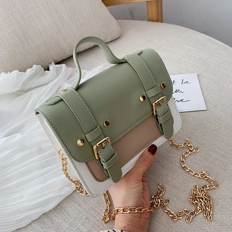 

Leather Belt Shoulder Bag Women's 2019 New Style Fashion Chain Shoulder Square Sling Bag Korean-style Versatile Contrast Color M