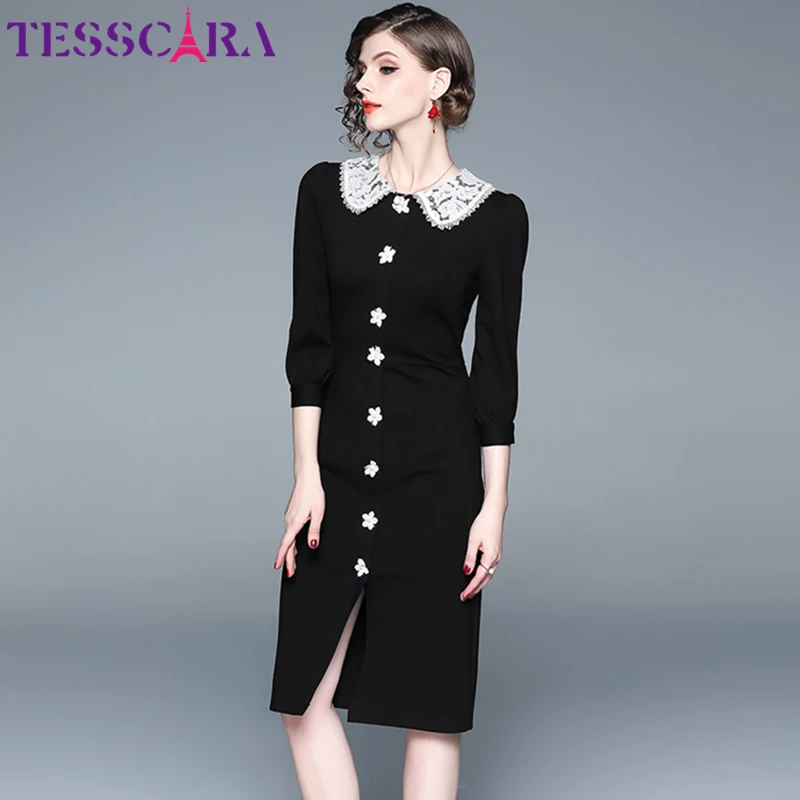 Женское платье карандаш TESSCARA винтажное черное для офиса на осень|Платья| |