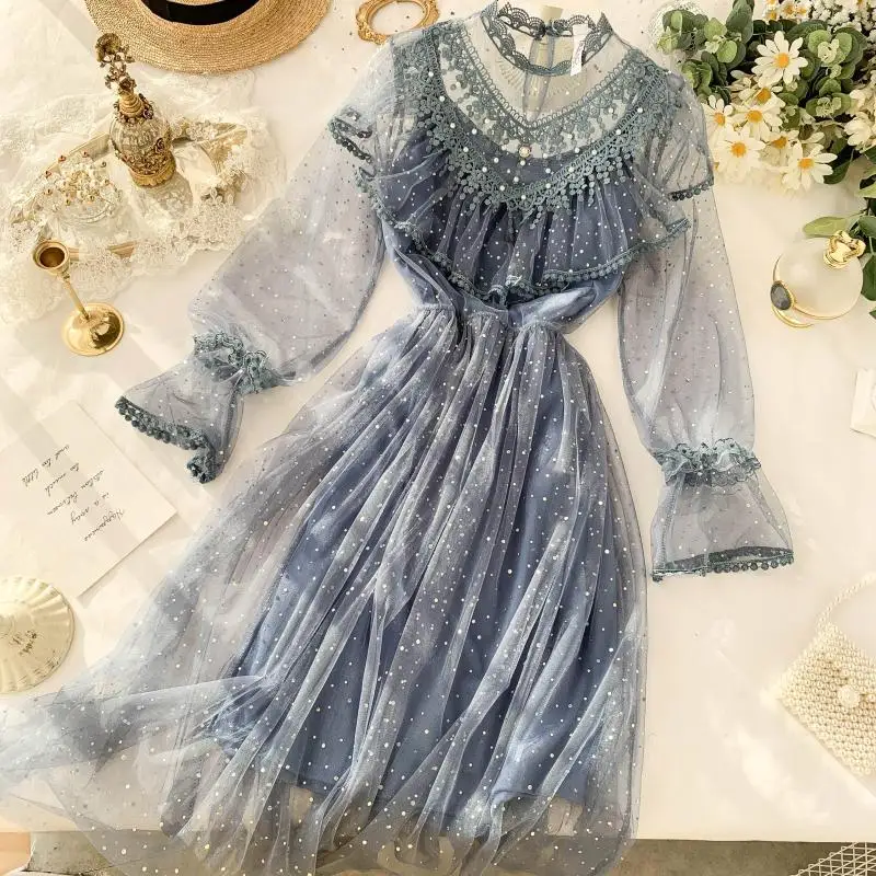 Women Lace Ruffles Dresses Elegant Spring Summer Party High Waist Beading Tassel Tutu Midi Slim Fairy Dress Vestidos 13