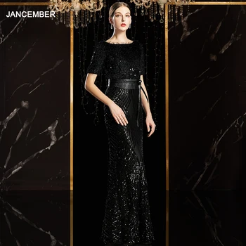 

JANCEMBER Black Evening Dress Half Sleeve Plus Size Evening Gown Waist Patchwork Long Dress Zip Back Mermaid Vestidos De Festa
