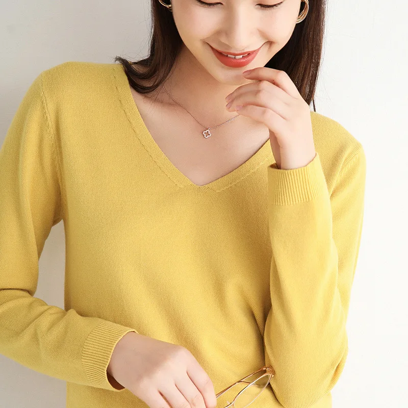 Suéteres de manga larga con cuello en V de estilo coreano para mujer, jerseys ajustados que combinan con todo, Tops de fondo, ropa G0008, novedad de primavera y otoño de 2020