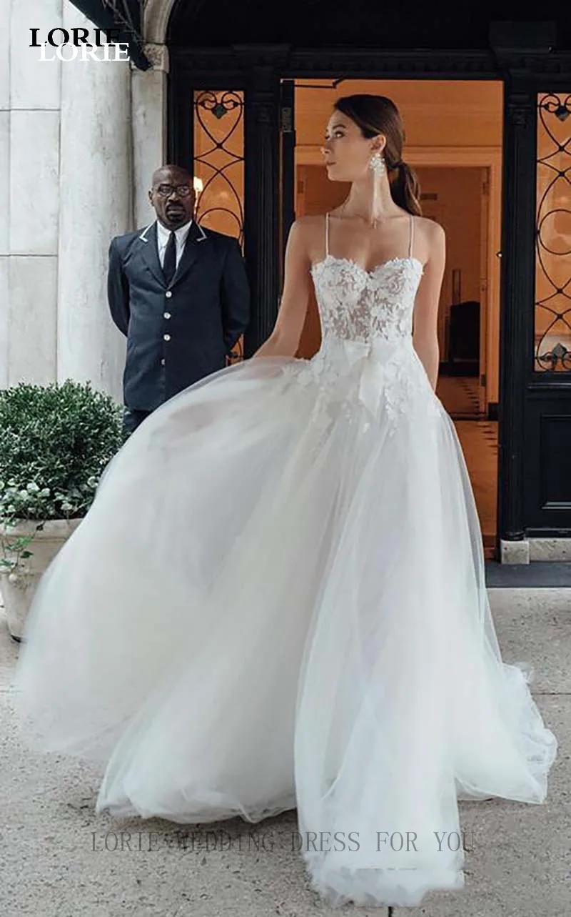 a line spaghetti strap lace wedding dress