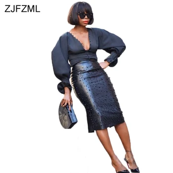 

ZJFZML PU Leather Sexy Plus Size Skirt For Women Beading Embellished High Waist Pencil Midi Skirt Elegant Back Split Party Skirt