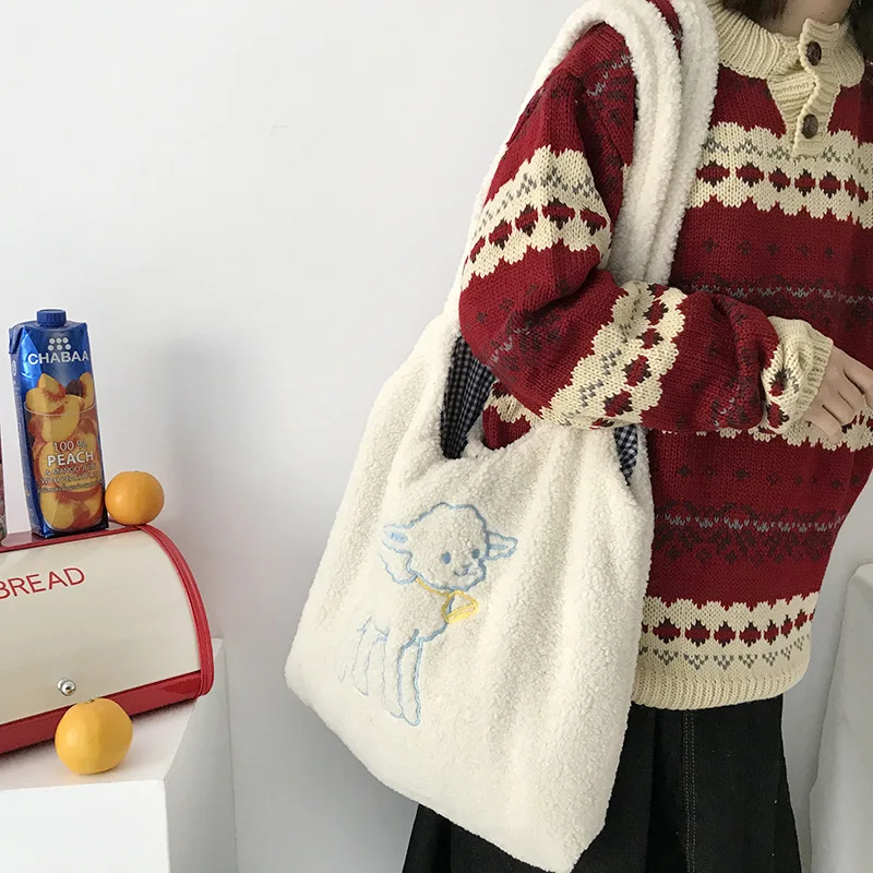 Sac à bandoulière en tissu agneau pour femmes, sac à main en toile Simple, fourre-tout grande capacité, sac de Shopping brodé, sacs de livres mignons pour filles