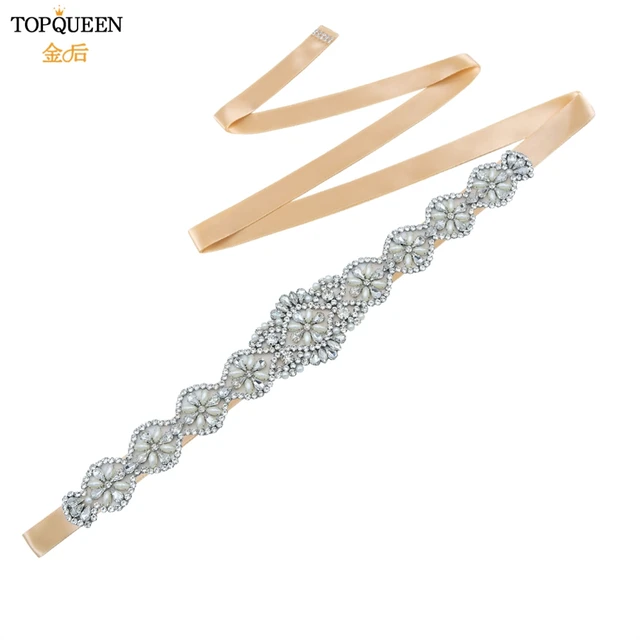 TOPQUEEN S161 White Wedding Belts Silver Rhinestone Belt Accessories for Bride Crystal Formal Dress Belt Gown Sash Bridal Belt Champagne Ribon