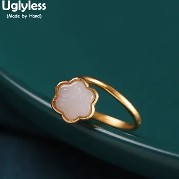 

Uglyless Forever Popular Lotus Rings for Women 100% Hetian Jade Lotus Flower Jewelry Thick Gold 925 Silver Open Rings Gemstones