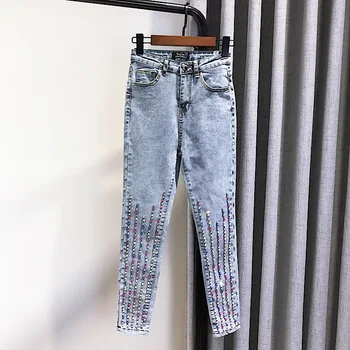 

Skinny Jeans Women Spring New High Waist Stretch Tight-Fit Diamond Beads Pencil Pants Lady's Jean Long Trousers