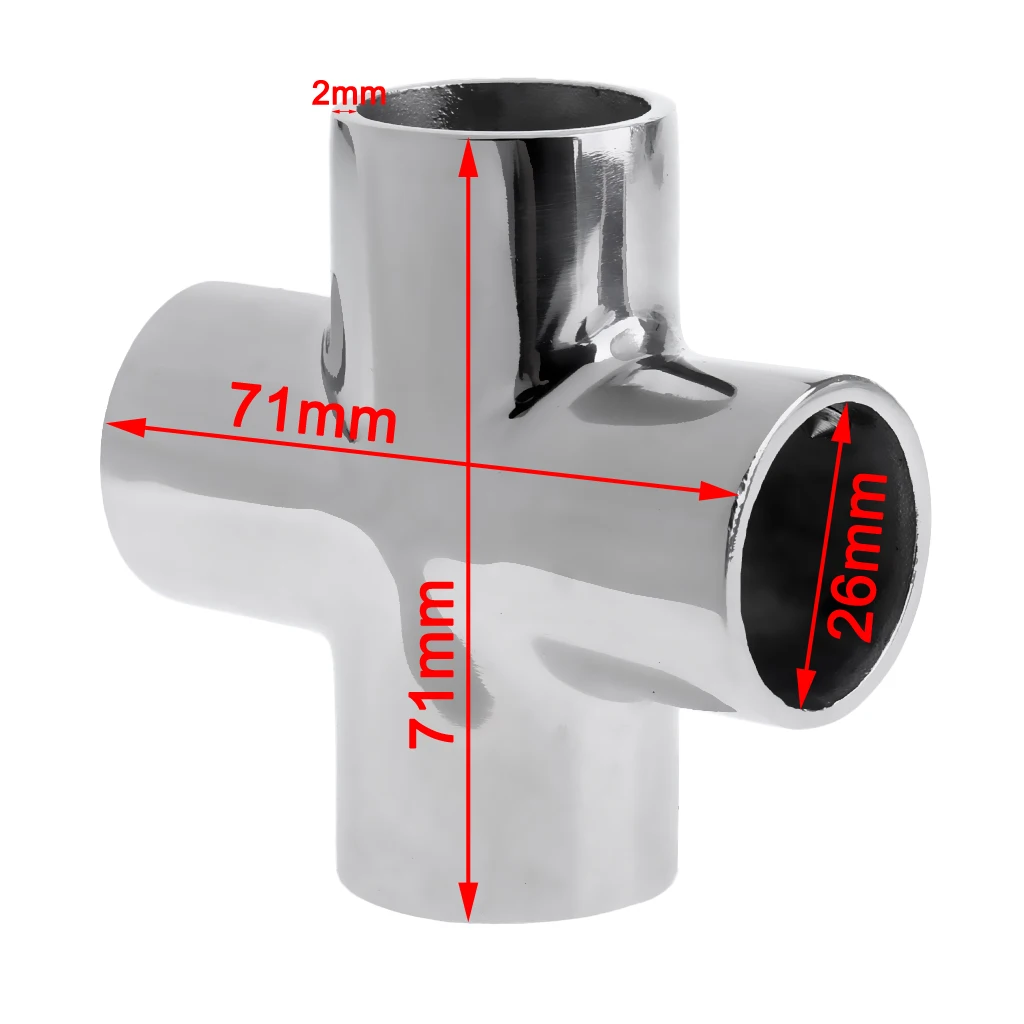 4pcs Mirror Polished 316 Stainless Steel 25mm 1'' Boat Hand Rail Fitting 4 Way 90 Degree Tee Cross Connector Joint