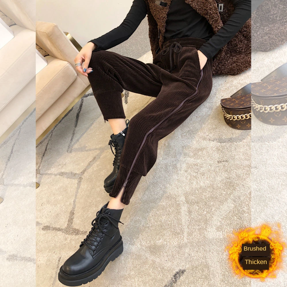 Fleece Corduroy Casual Pants Women's Brown Zipper Harem Pants Korean Style High Waist Design Ankle-Tied Track Sweatpants Tide