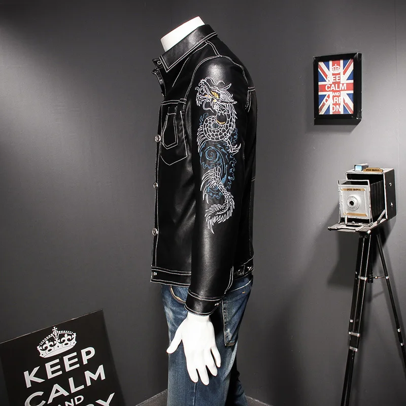 Jaqueta Мужская кожа Дракон печати Pu мужская кожаная куртка Slim Fit кнопка вниз куртка искусственная кожа мужчины Jaqueta Motoqueiro 5xl