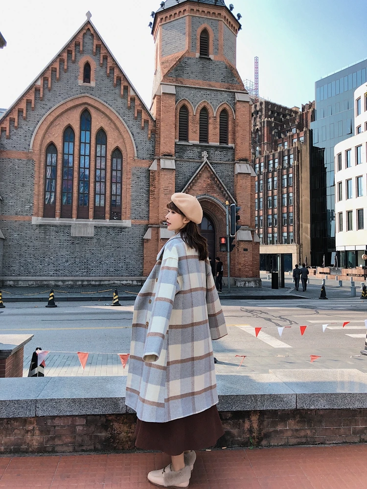 New Autumn Winter Women Long Wool Blends Jackets Women Fashion Plaid Office Ladies Jackets Trench Coats Outerwear WJ200